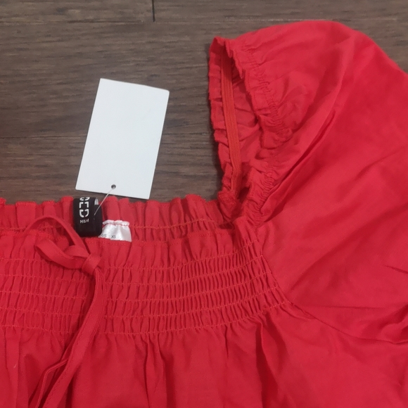 H&M Red Puff Sleeve Blouse Ruched with Ribbon Tie - Picture 2 of 4